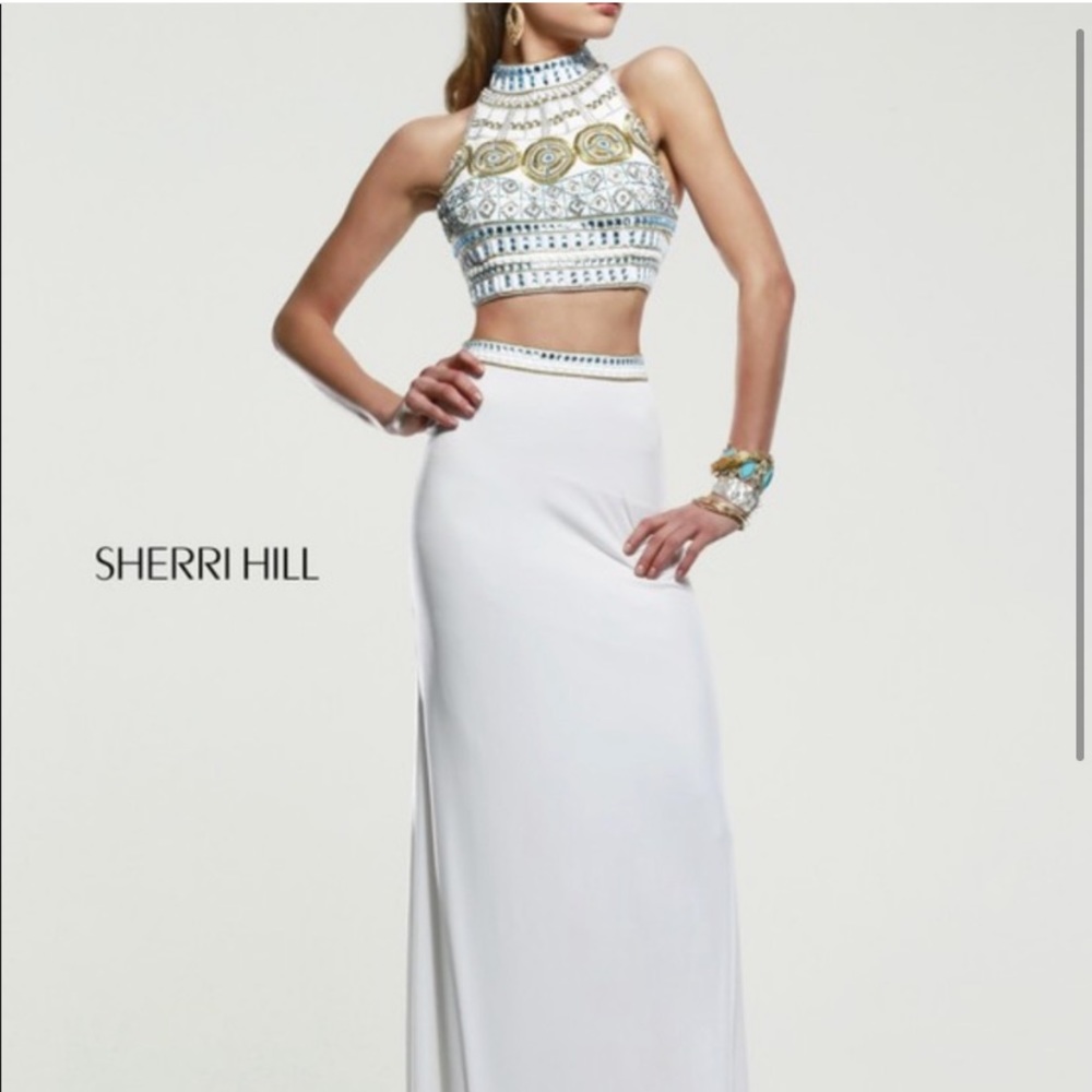 Sherri Hill 11068 white two piece white blue beaded dress (size 6 fits like a 4)